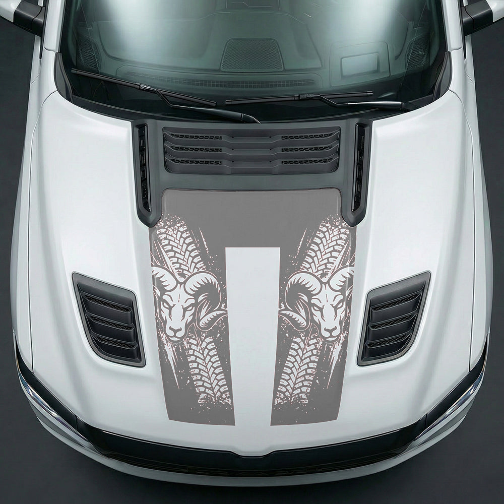 Hood Panel Decal/Sticker - Rugged Mud Tire Tread & RAM Head Graphic Kit - For Dodge Ram 2019-2025 - Premium Vinyl