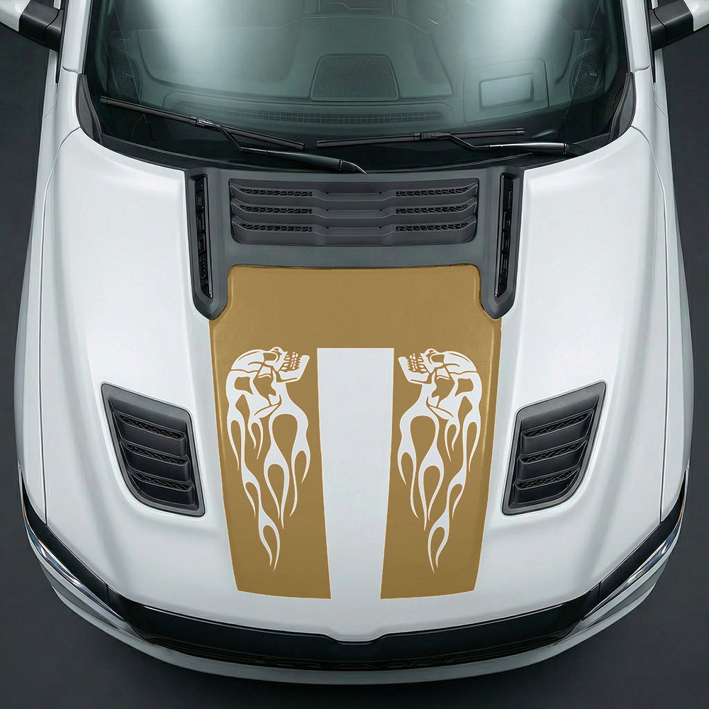Hood Panel Decal/Sticker - Fiery Skulls Custom U-Shape Graphic Kit - For Dodge Ram 2019-2025 - Premium Vinyl