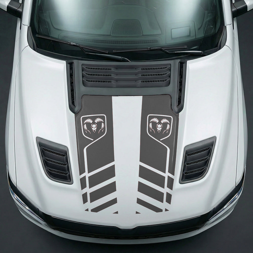 Hood Panel Decal/Sticker - Slotted Sport Stripe with RAM Shield Badge Graphic Kit - For Dodge Ram 2019-2025 - Premium Vinyl