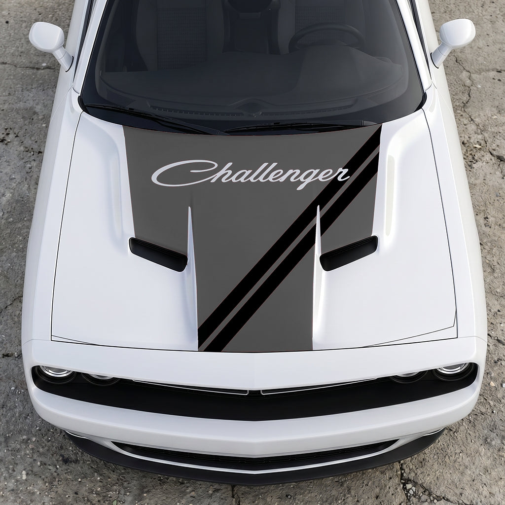 Hood Panel Decal/Sticker - Challenger Script Sidewinder Stripe - Dual-Band Offset Racing Graphic Kit - For Dodge Challenger 2015-2024 - Premium Vinyl