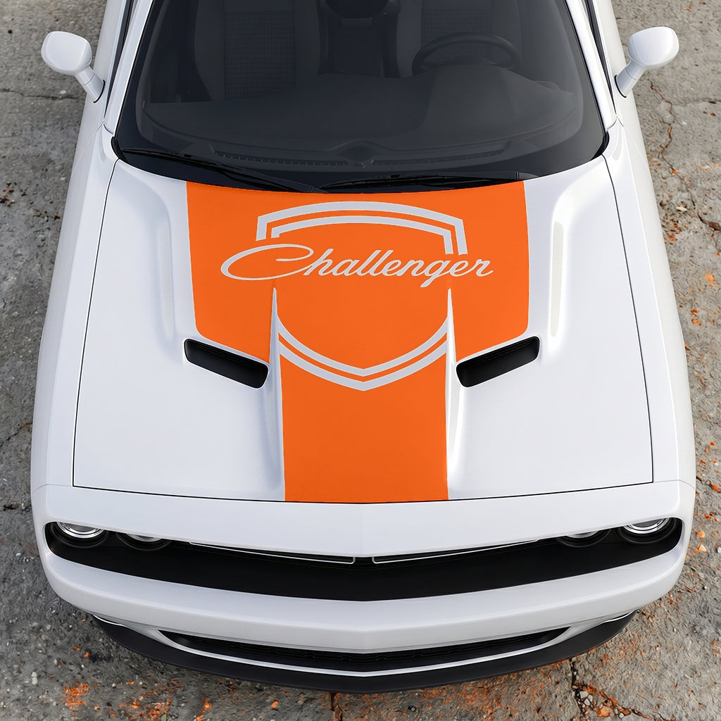 Hood Panel Decal/Sticker - Challenger Retro Script Shield - Vintage Style Crest Graphic Kit - For Dodge Challenger 2015-2024 - Premium Vinyl