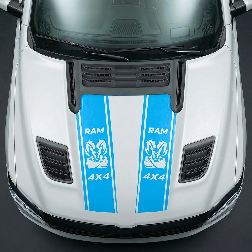 Hood Panel Decal/Sticker - Muscular Ram Mascot 4x4 Twin Stripe Graphic Kit - For Dodge Ram 2019-2025 - Premium Vinyl