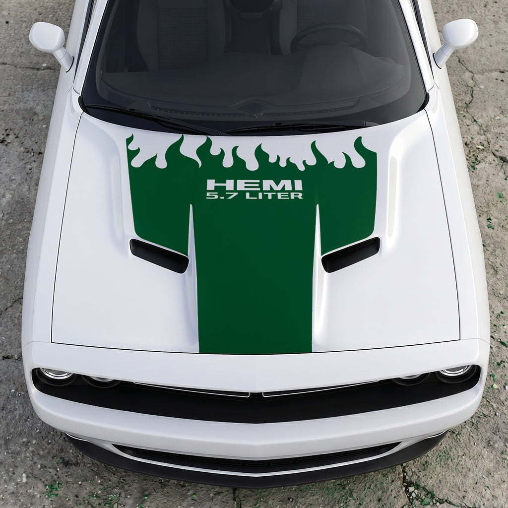 Hood Panel Decal/Sticker - HEMI 5.7 Liter Fire & Fury Flame Accent - Performance Red Series Graphic Kit - For Dodge Challenger 2015-2024 - Premium Vinyl