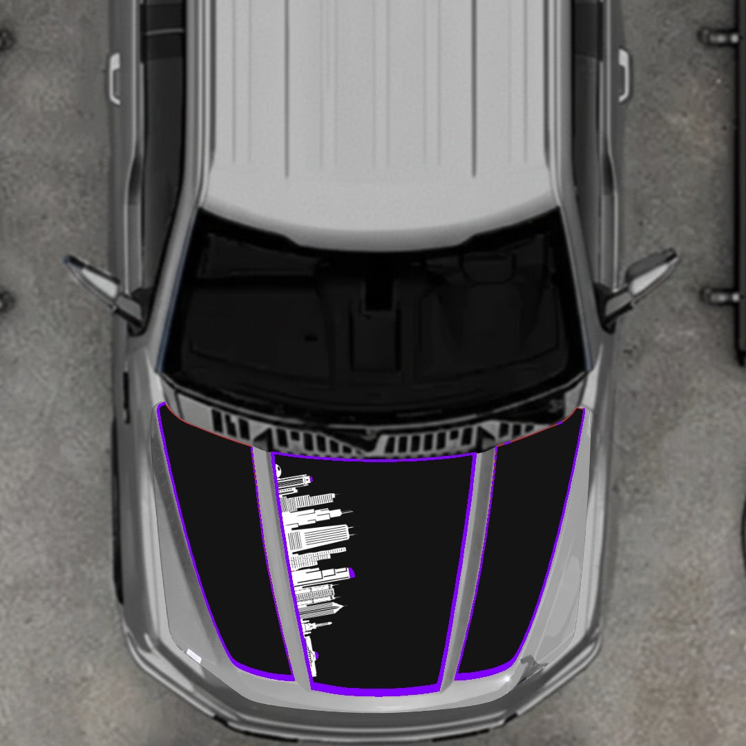Hood Panel Decal/Sticker - Dubai Skyline - Cut - Border Graphic Kit - For Ford F-150 2020-2026 - Premium Vinyl