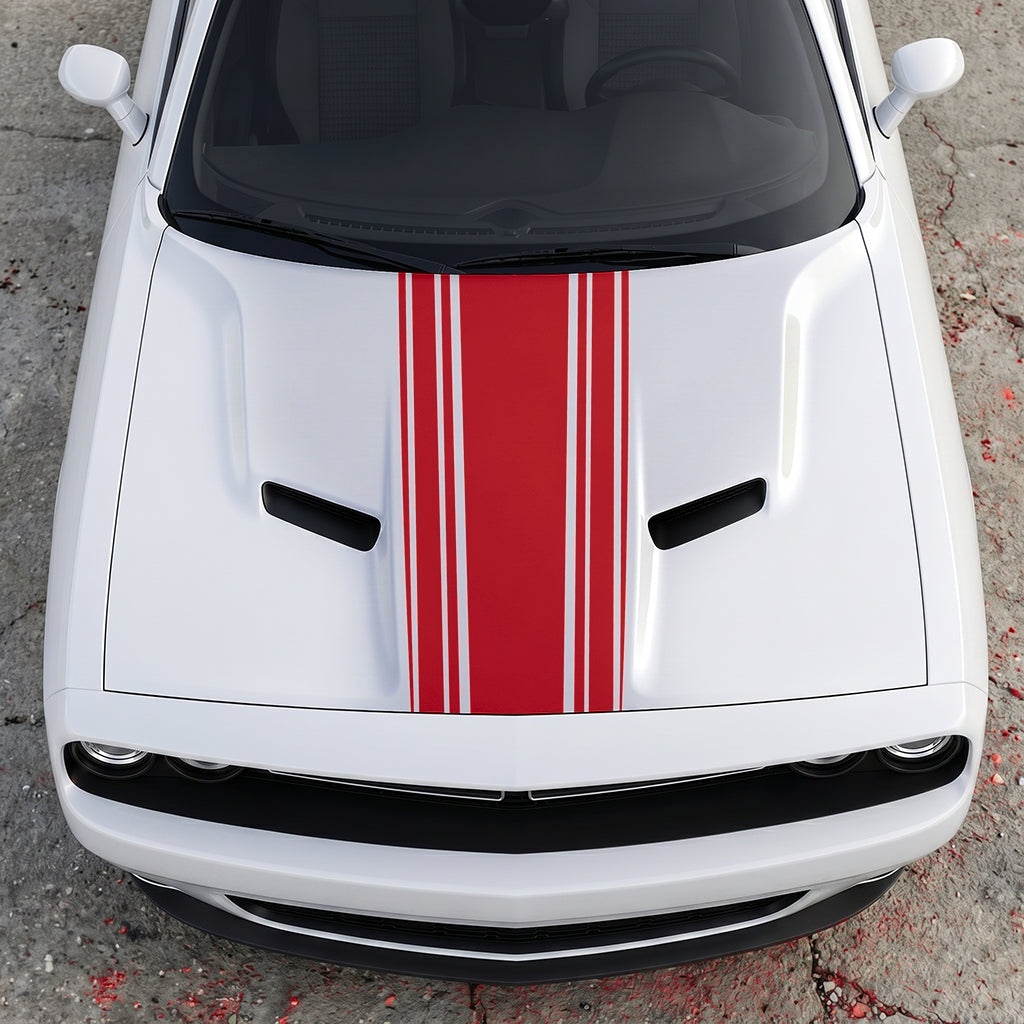 Hood Panel Decal/Sticker - Challenger Interceptor Center Stripe - Multi-Pin Racing Fade Vinyl Graphic Kit - For Dodge Challenger 2015-2024 - Premium Vinyl