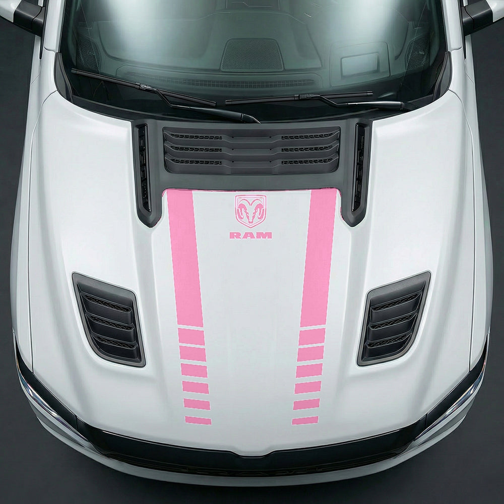 Hood Panel Decal/Sticker - Sport Strobe V-Stripes with Center RAM Logo - Cut Graphic Kit - For Dodge Ram 2019-2025 - Premium Vinyl