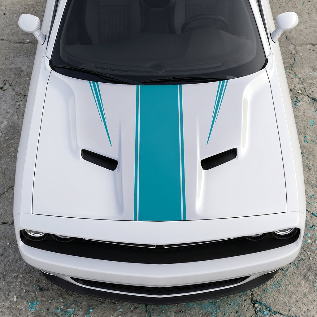 Hood Panel Decal/Sticker - Sport Rally Triple-Threat Stripe - Center-Line and Fender-Flair Accent Graphic Kit - For Dodge Challenger 2015-2024 - Premium Vinyl