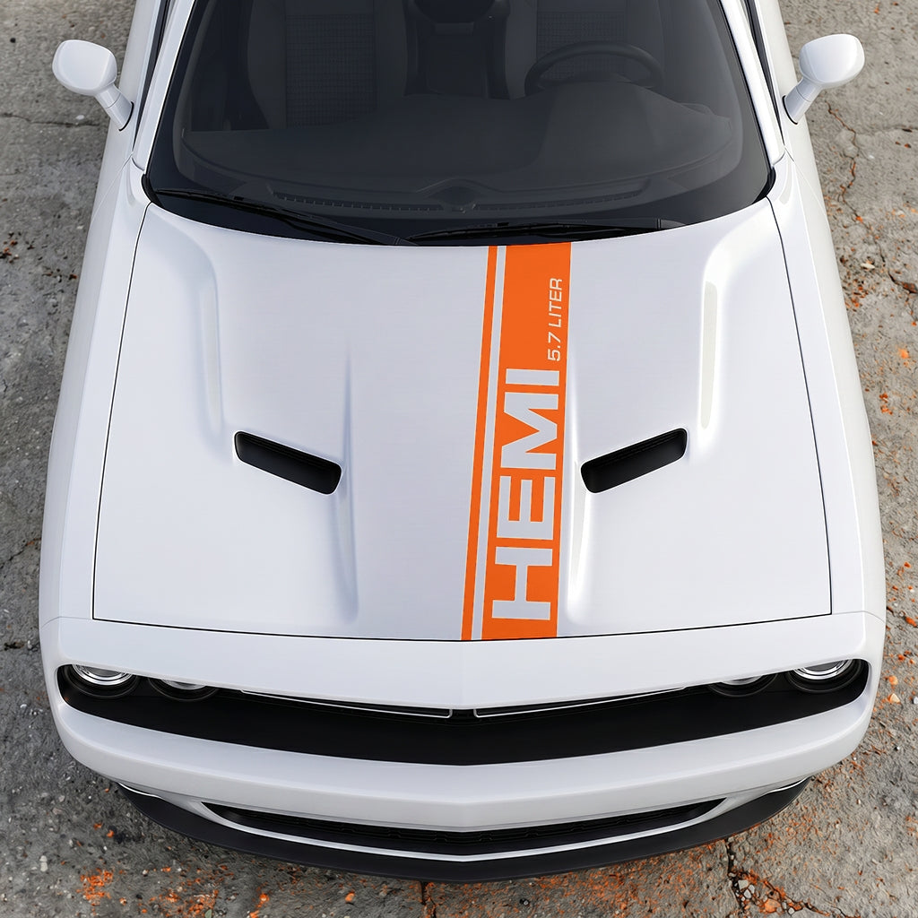 Hood Panel Decal/Sticker - HEMI 5.7 Liter Vertical Performance Stripe - Pillar Style Side-Hood Accent Vinyl Graphic Kit - For Dodge Challenger 2015-2024 - Premium Vinyl