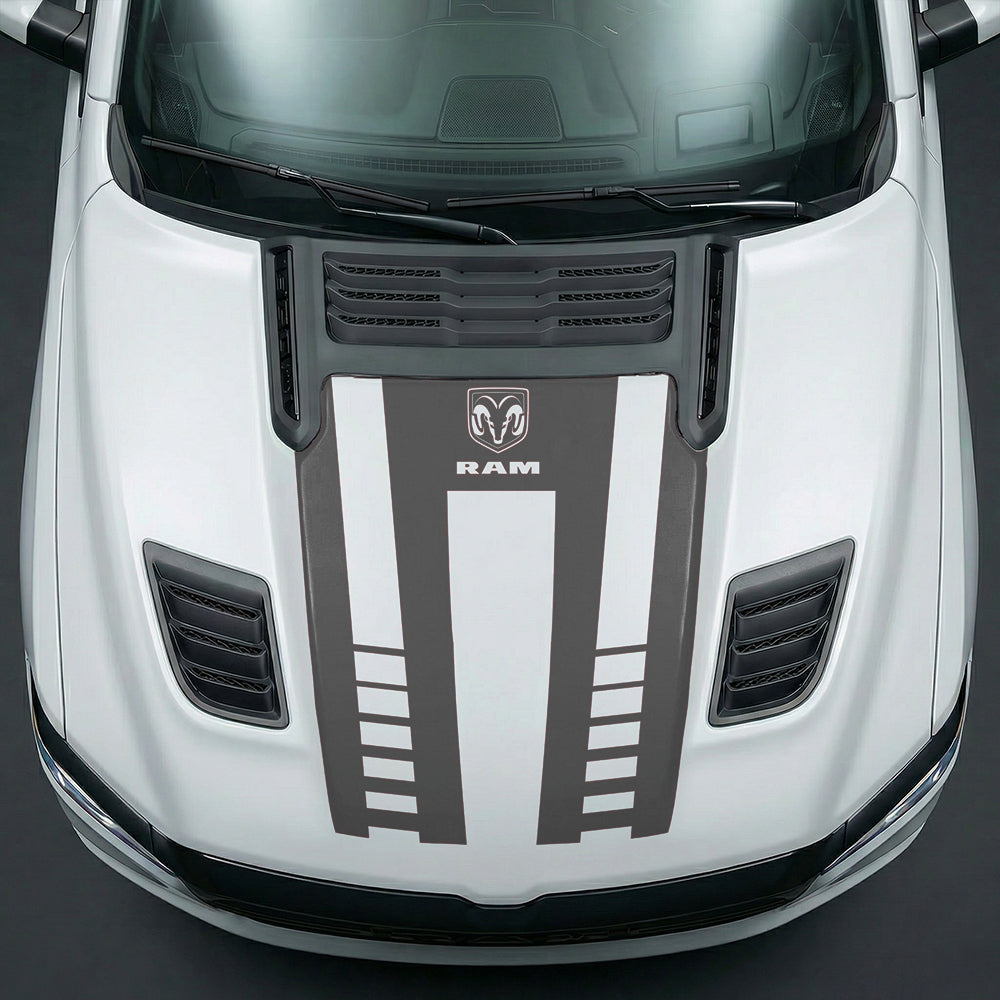 Hood Panel Decal/Sticker - Sport Strobe V-Stripes with Center RAM Logo Graphic Kit - For Dodge Ram 2019-2025 - Premium Vinyl