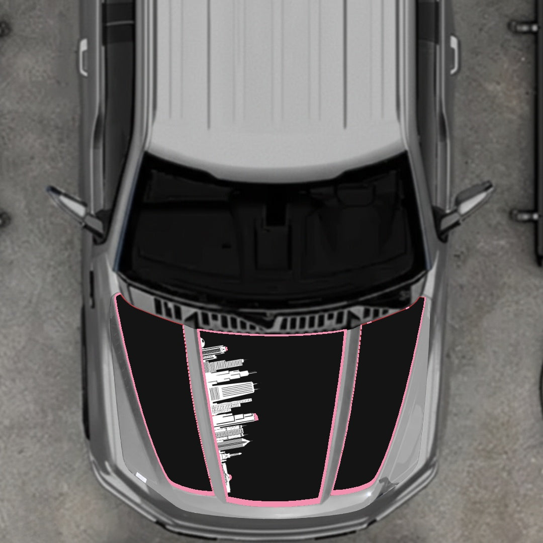 Hood Panel Decal/Sticker - Dubai Skyline - Cut - Border Graphic Kit - For Ford F-150 2020-2026 - Premium Vinyl