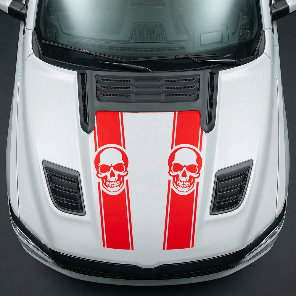 Hood Panel Decal/Sticker - Sinister Skull Racing Stripes Graphic Kit - For Dodge Ram 2019-2025 - Premium Vinyl