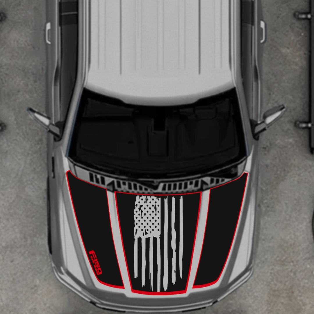 Hood Panel Decal/Sticker - USA Style 2 - Cut - Border Graphic Kit - For Ford F-150 2020-2026 - Premium Vinyl