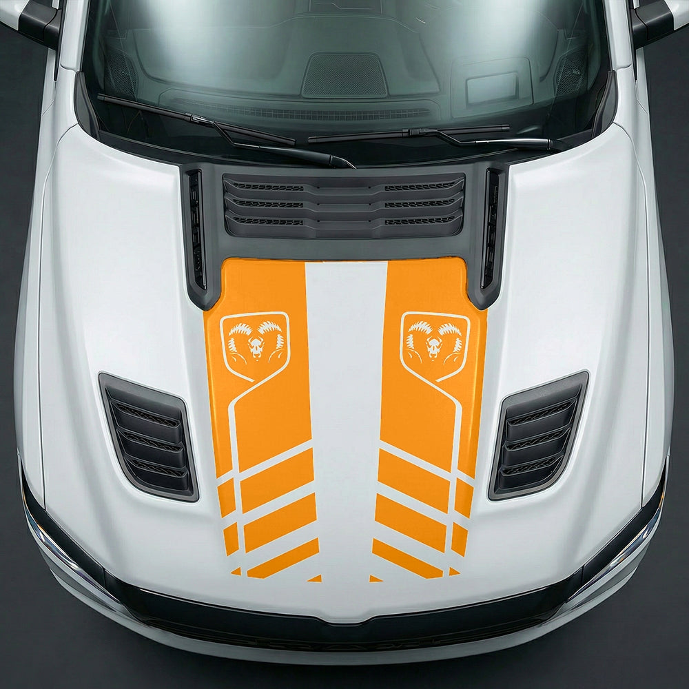 Hood Panel Decal/Sticker - Slotted Sport Stripe with RAM Shield Badge Graphic Kit - For Dodge Ram 2019-2025 - Premium Vinyl
