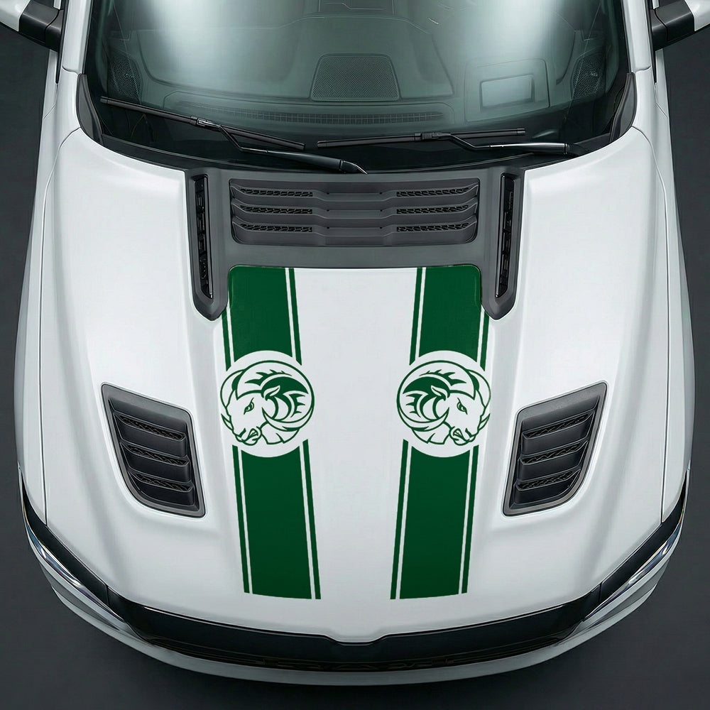 Hood Panel Decal/Sticker - Aggressive RAM Mascot Twin Racing Stripe Graphic Kit - For Dodge Ram 2019-2025 - Premium Vinyl