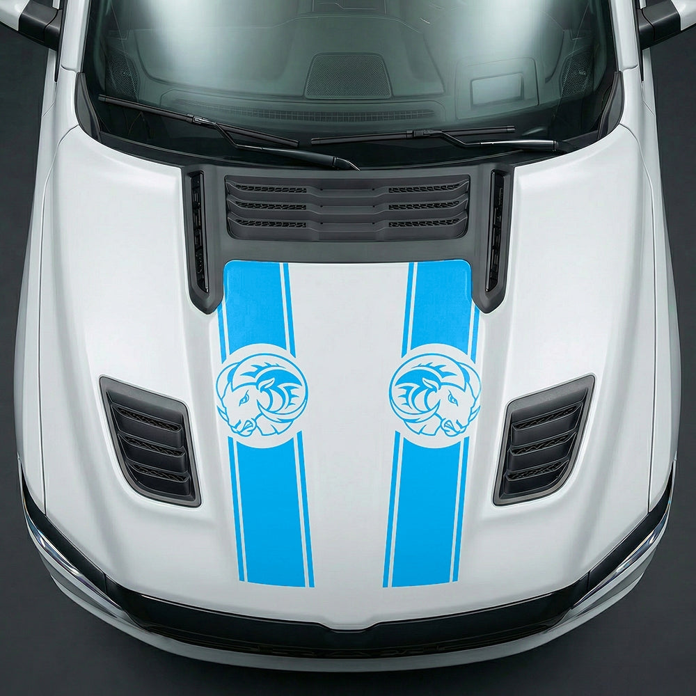 Hood Panel Decal/Sticker - Aggressive RAM Mascot Twin Racing Stripe Graphic Kit - For Dodge Ram 2019-2025 - Premium Vinyl