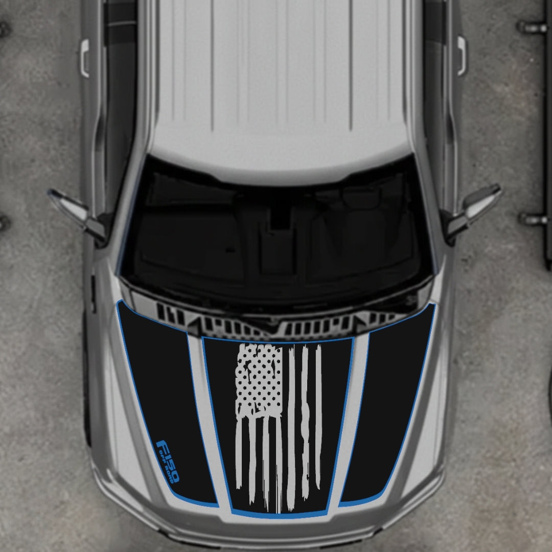 Hood Panel Decal/Sticker - USA Style 2 - Cut - Border Graphic Kit - For Ford F-150 2020-2026 - Premium Vinyl