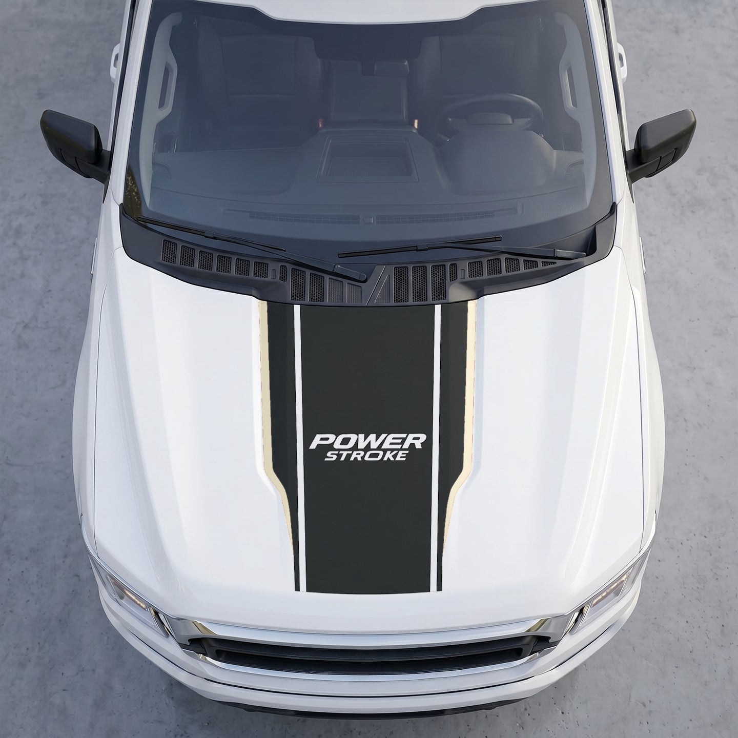 Hood Panel Decal/Sticker - Power Stroke Edition Hood Decal Wrap – Matte Black Center Sport Shield with White Track Stripes Graphic Kit - For Ford F-150 F150 2015-2020 - Premium Vinyl
