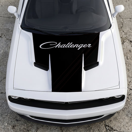 Hood Panel Decal/Sticker - Challenger Script Sidewinder Stripe - Dual-Band Offset Racing Graphic Kit - For Dodge Challenger 2015-2024 - Premium Vinyl