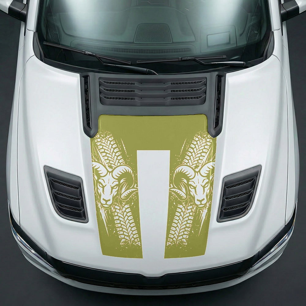 Hood Panel Decal/Sticker - Rugged Mud Tire Tread & RAM Head Graphic Kit - For Dodge Ram 2019-2025 - Premium Vinyl