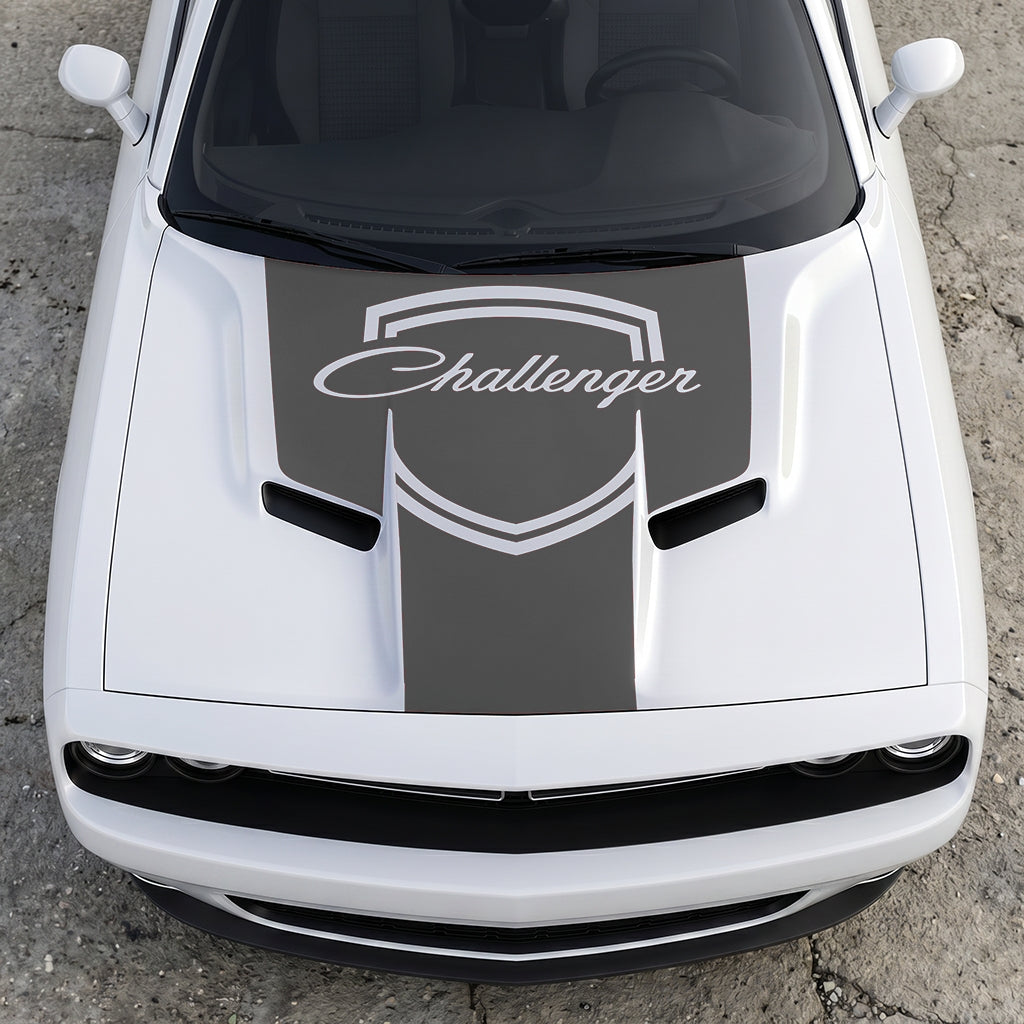 Hood Panel Decal/Sticker - Challenger Retro Script Shield - Vintage Style Crest Graphic Kit - For Dodge Challenger 2015-2024 - Premium Vinyl