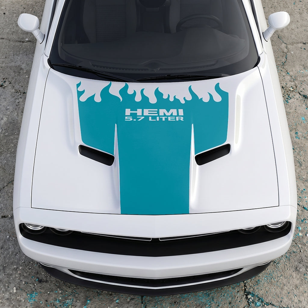 Hood Panel Decal/Sticker - HEMI 5.7 Liter Fire & Fury Flame Accent - Performance Red Series Graphic Kit - For Dodge Challenger 2015-2024 - Premium Vinyl
