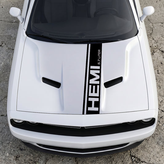 Hood Panel Decal/Sticker - HEMI 5.7 Liter Vertical Performance Stripe - Pillar Style Side-Hood Accent Vinyl Graphic Kit - For Dodge Challenger 2015-2024 - Premium Vinyl