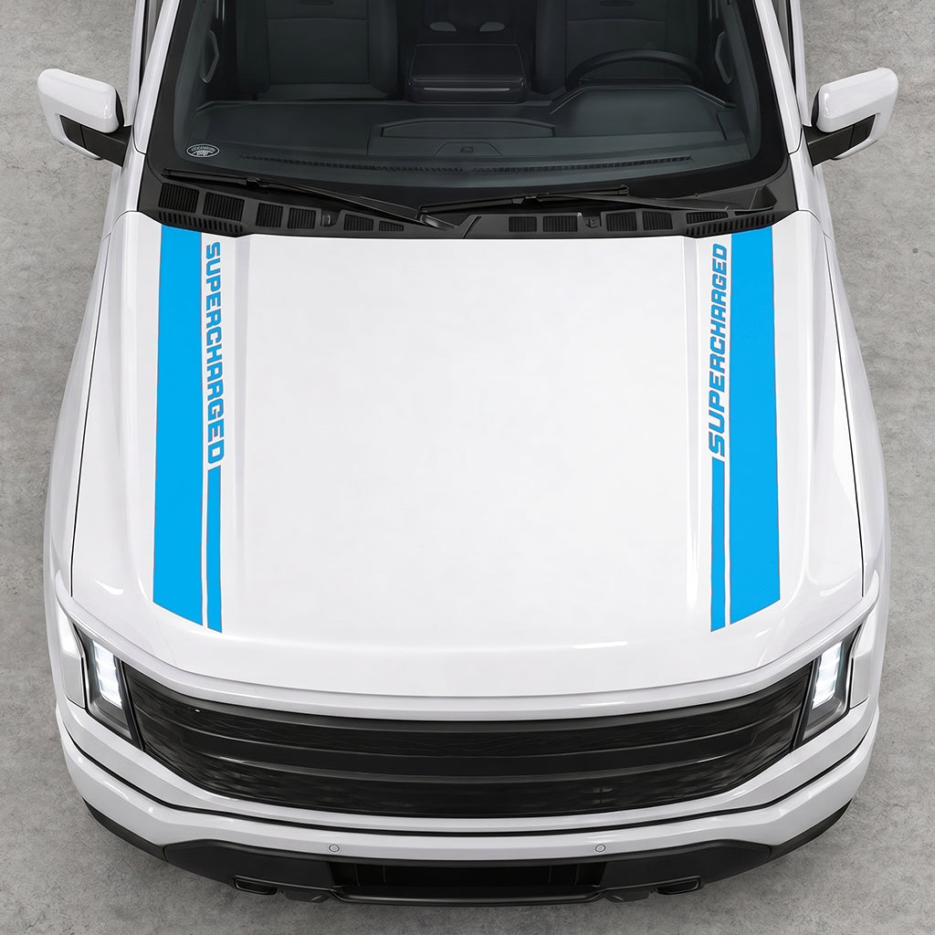 Hood Panel Decal/Sticker - Double Side SuperCharged Graphic Decal Graphic Kit - For Ford F-150 2015-2020 - Premium Vinyl