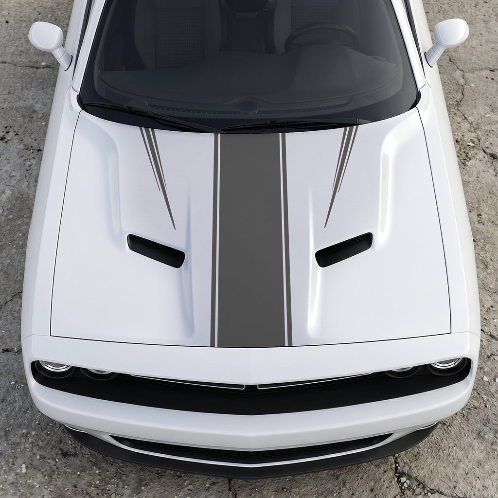 Hood Panel Decal/Sticker - Sport Rally Triple-Threat Stripe - Center-Line and Fender-Flair Accent Graphic Kit - For Dodge Challenger 2015-2024 - Premium Vinyl