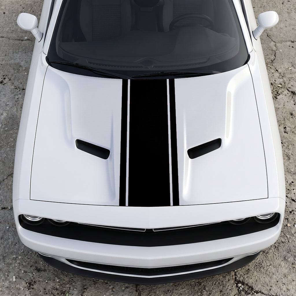 Hood Panel Decal/Sticker - Classic Rally Center Stripe - Dual-Pin Accent Hood & Trunk Racing Graphic Kit - For Dodge Challenger 2015-2024 - Premium Vinyl