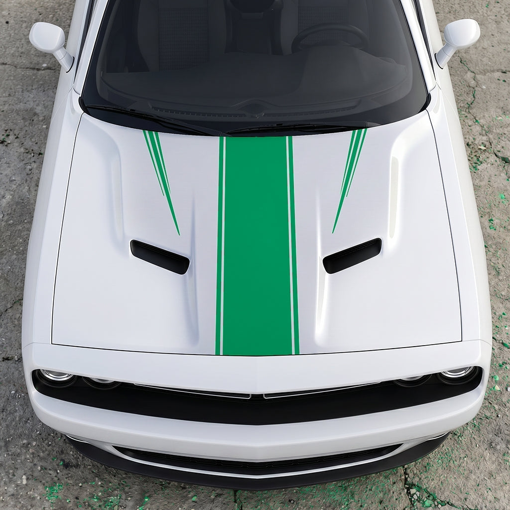 Hood Panel Decal/Sticker - Sport Rally Triple-Threat Stripe - Center-Line and Fender-Flair Accent Graphic Kit - For Dodge Challenger 2015-2024 - Premium Vinyl