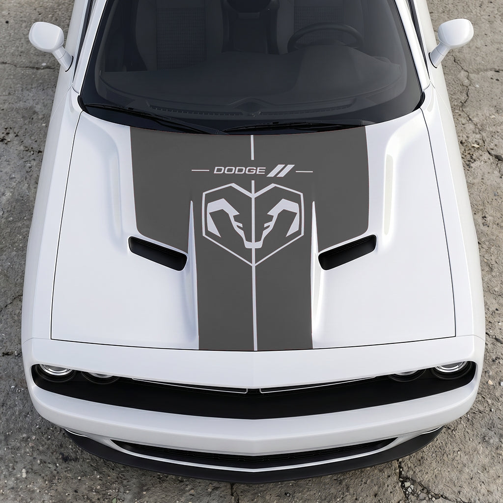 Hood Panel Decal/Sticker - Modern Ram Heritage Diamond Shield Overlay - Dodge Logo Split Stripe Graphic Kit - For Dodge Challenger 2015-2024 - Premium Vinyl