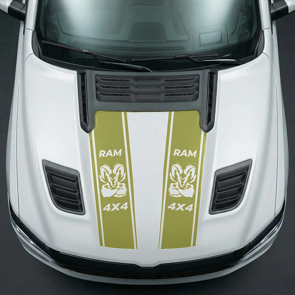 Hood Panel Decal/Sticker - Muscular Ram Mascot 4x4 Twin Stripe Graphic Kit - For Dodge Ram 2019-2025 - Premium Vinyl