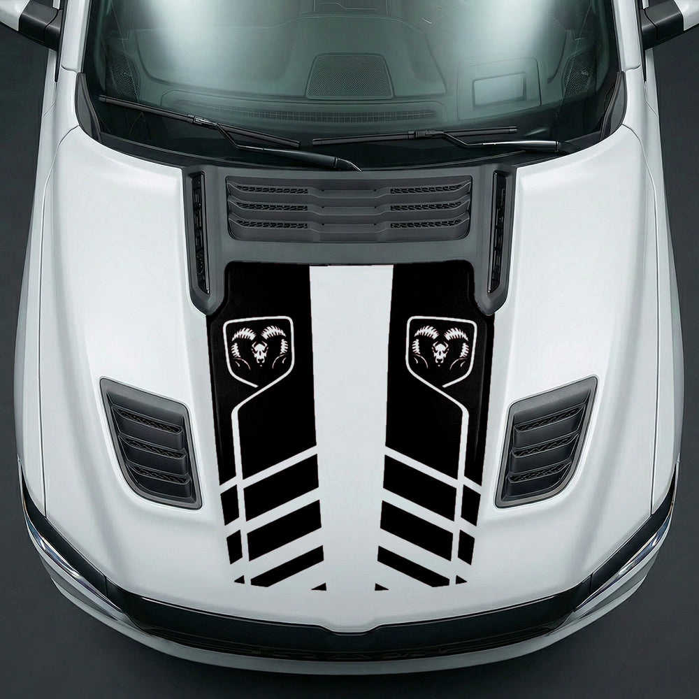 Hood Panel Decal/Sticker - Slotted Sport Stripe with RAM Shield Badge Graphic Kit - For Dodge Ram 2019-2025 - Premium Vinyl