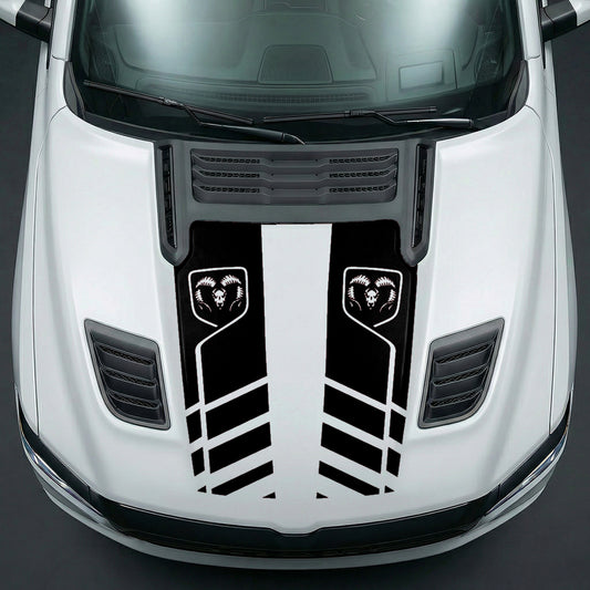 Hood Panel Decal/Sticker - Slotted Sport Stripe with RAM Shield Badge Graphic Kit - For Dodge Ram 2019-2025 - Premium Vinyl