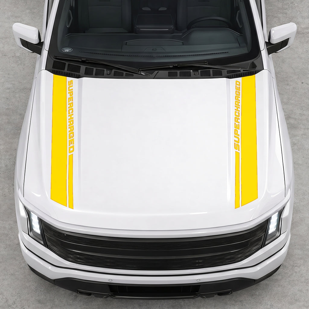 Hood Panel Decal/Sticker - Double Side SuperCharged Graphic Decal Graphic Kit - For Ford F-150 2015-2020 - Premium Vinyl
