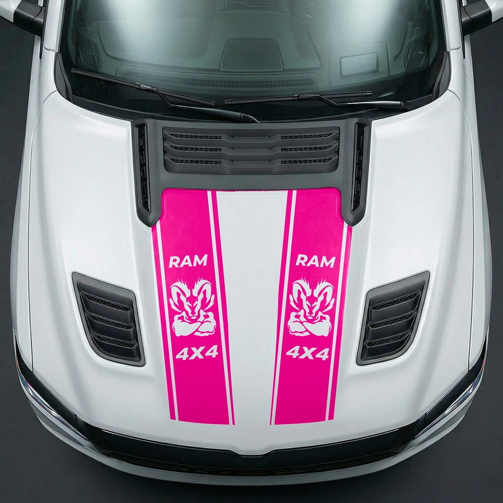 Hood Panel Decal/Sticker - Muscular Ram Mascot 4x4 Twin Stripe Graphic Kit - For Dodge Ram 2019-2025 - Premium Vinyl