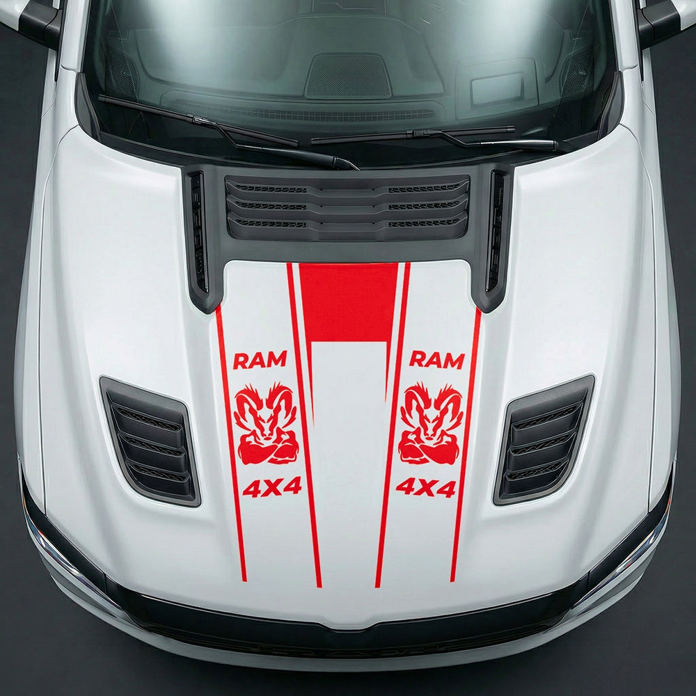 Hood Panel Decal/Sticker - Muscular Ram Mascot 4x4 Twin Stripe U-Shape Graphic Kit - For Dodge Ram 2019-2025 - Premium Vinyl