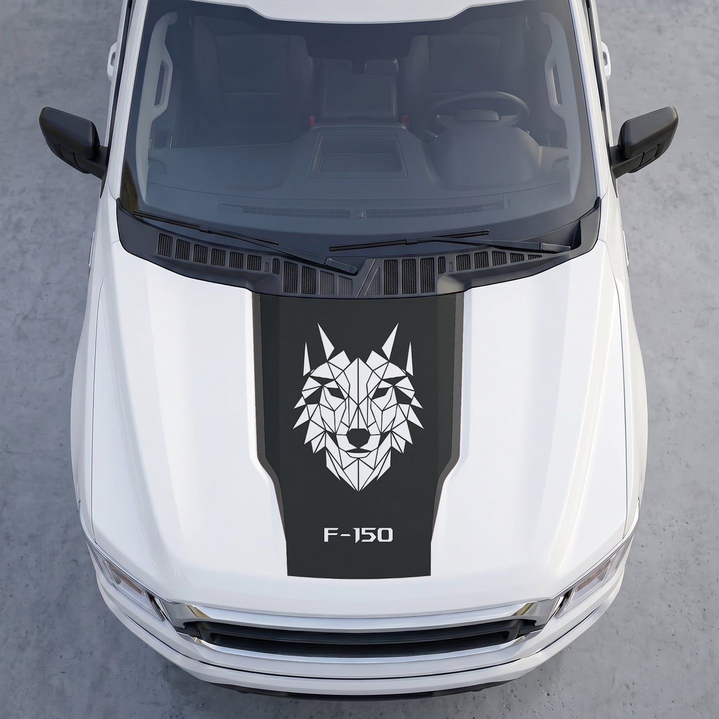 Hood Panel Decal/Sticker - Geometric Low-Poly Wolf Hood Decal Wrap – Matte Black Shield with White Origami Wolf Head Graphic Kit - For Ford F-150 F150 2015-2020 - Premium Vinyl