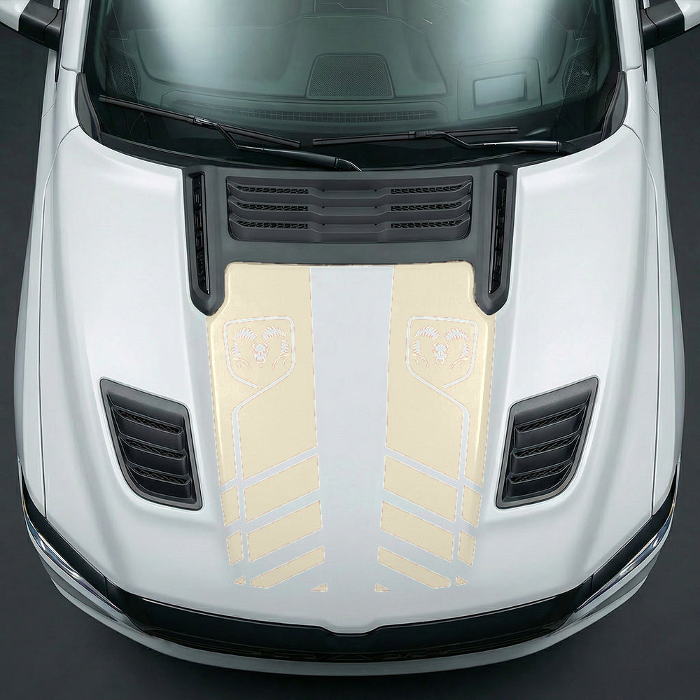 Hood Panel Decal/Sticker - Slotted Sport Stripe with RAM Shield Badge Graphic Kit - For Dodge Ram 2019-2025 - Premium Vinyl