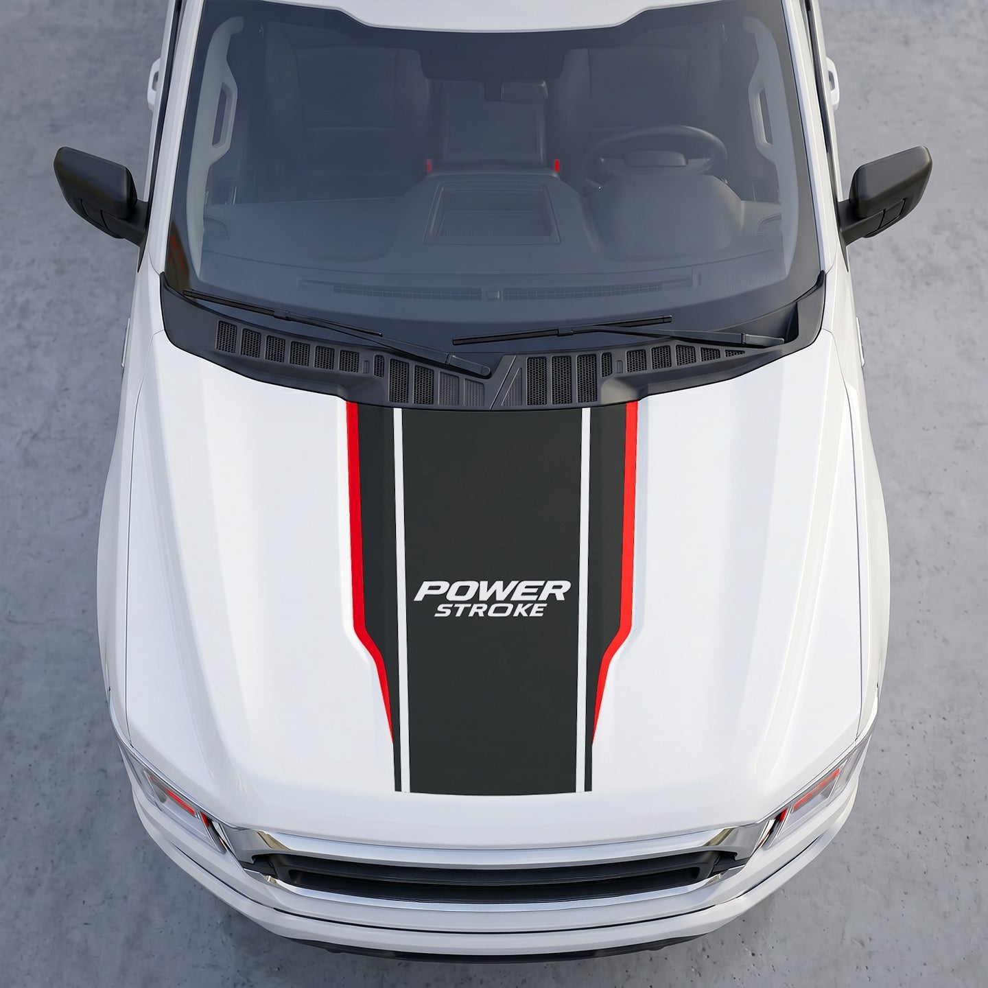 Hood Panel Decal/Sticker - Power Stroke Edition Hood Decal Wrap – Matte Black Center Sport Shield with White Track Stripes Graphic Kit - For Ford F-150 F150 2015-2020 - Premium Vinyl