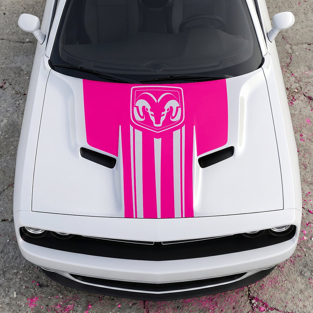 Hood Panel Decal/Sticker - Ram Emblem Apex Crest Triple-Stripe - Rugged Shield Design Vinyl Graphic Kit - For Dodge Challenger 2015-2024 - Premium Vinyl