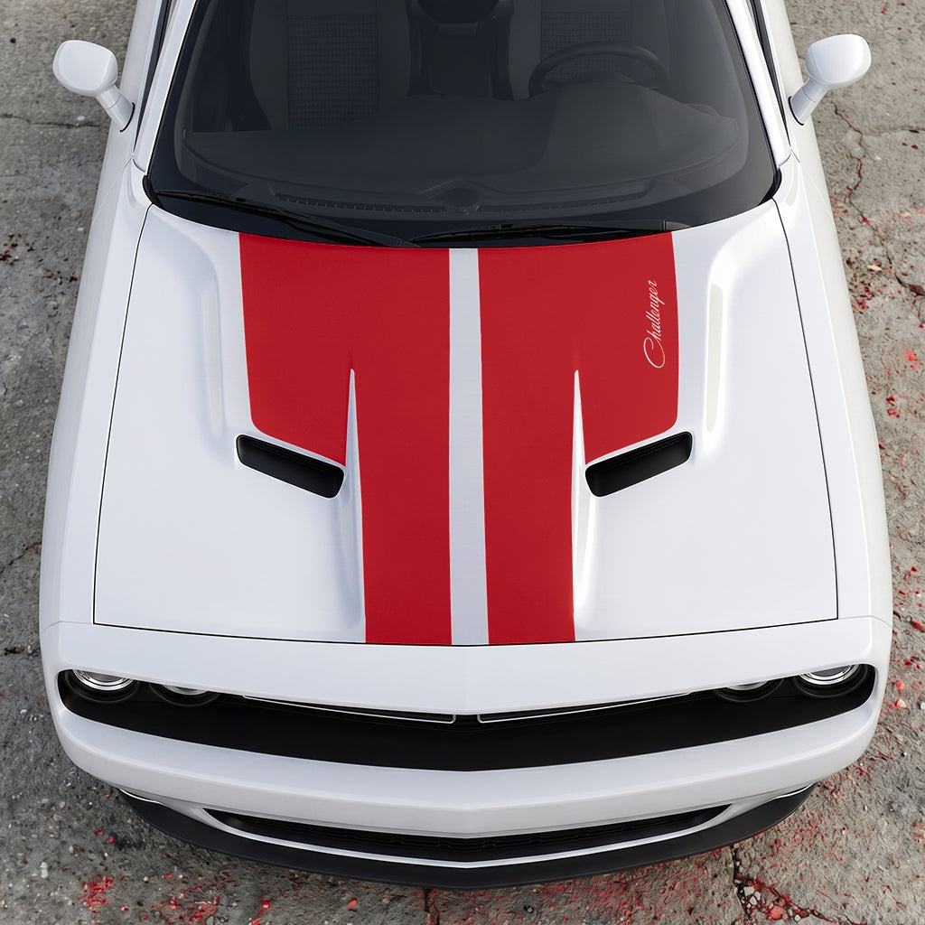 Hood Panel Decal/Sticker - Retro Script Challenger Heritage - Split Center Sport Stripe Series Graphic Kit - For Dodge Challenger 2015-2024 - Premium Vinyl