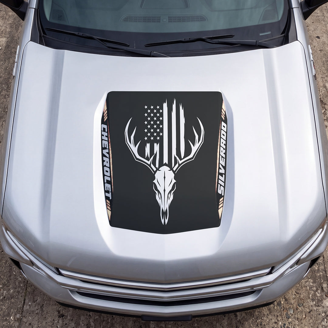 Hood Panel Decal/Sticker - American Flag and Bison Skull Graphic Decal Graphic Kit - For Chevrolet Silverado 2019-2024 - Premium Vinyl