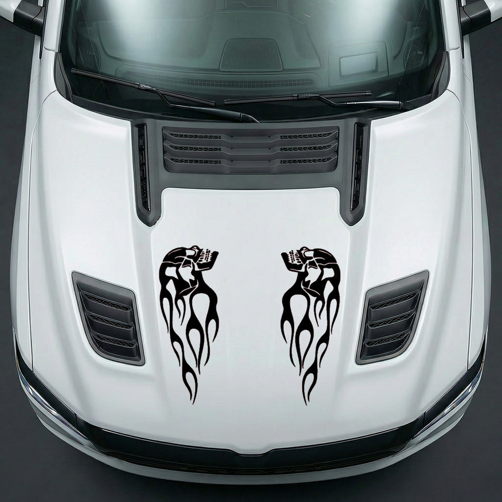 Hood Panel Decal/Sticker - Fiery Skulls Custom U-Shape - Cut Graphic Kit - For Dodge Ram 2019-2025 - Premium Vinyl