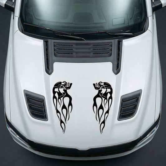 Hood Panel Decal/Sticker - Fiery Skulls Custom U-Shape - Cut Graphic Kit - For Dodge Ram 2019-2025 - Premium Vinyl