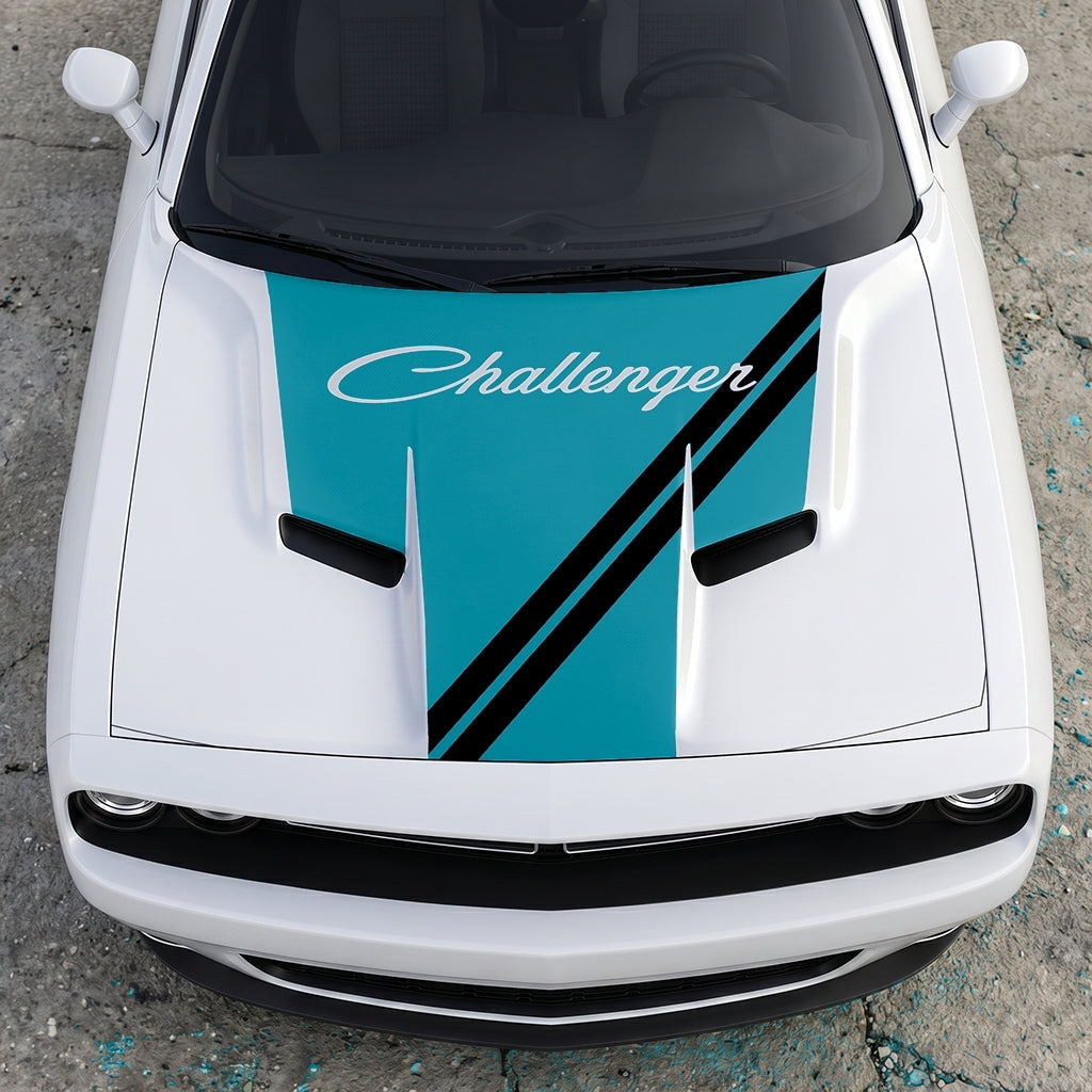 Hood Panel Decal/Sticker - Challenger Script Sidewinder Stripe - Dual-Band Offset Racing Graphic Kit - For Dodge Challenger 2015-2024 - Premium Vinyl