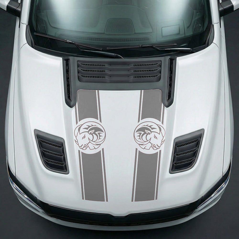 Hood Panel Decal/Sticker - Aggressive RAM Mascot Twin Racing Stripe Graphic Kit - For Dodge Ram 2019-2025 - Premium Vinyl