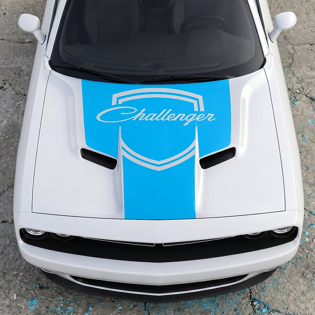 Hood Panel Decal/Sticker - Challenger Retro Script Shield - Vintage Style Crest Graphic Kit - For Dodge Challenger 2015-2024 - Premium Vinyl