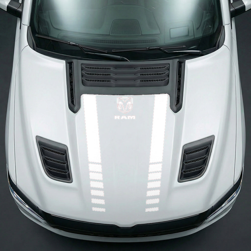 Hood Panel Decal/Sticker - Sport Strobe V-Stripes with Center RAM Logo - Cut Graphic Kit - For Dodge Ram 2019-2025 - Premium Vinyl