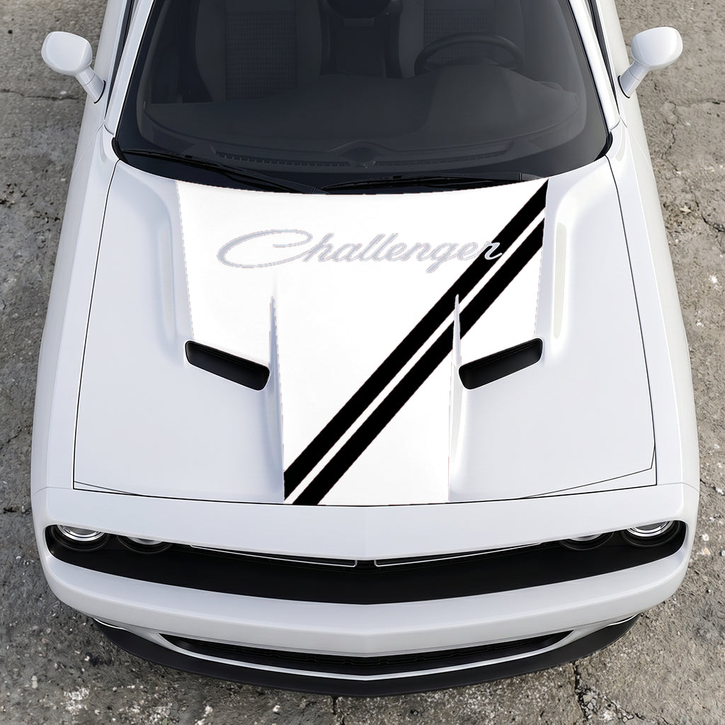 Hood Panel Decal/Sticker - Challenger Script Sidewinder Stripe - Dual-Band Offset Racing Graphic Kit - For Dodge Challenger 2015-2024 - Premium Vinyl